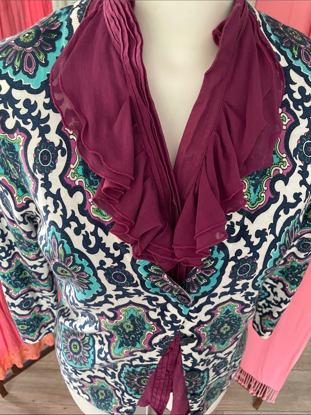 Talbots Teal, Navy & White Medallion Cardigan - Picture 5 of 9
